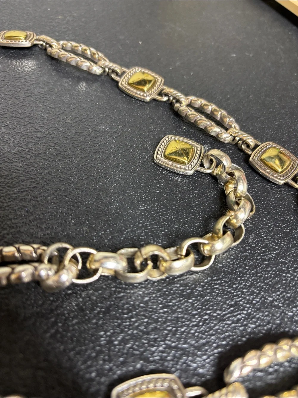 Western Two-Tone Silver and Gold Rope Link Belt with Square Gold Accents Medium